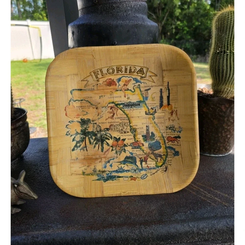 VTG Florida Souvenir Bamboo Tray 11x11 Map Palm‎ Trees Mid Century Tiki Decor